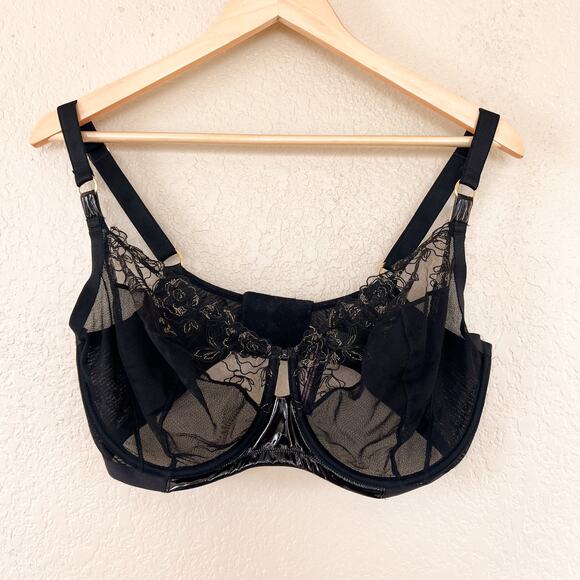 Victoria's Secret Unlined Underwire Demi Bra 40G Black Faux Latex Leather Sheer - Picture 1 of 5